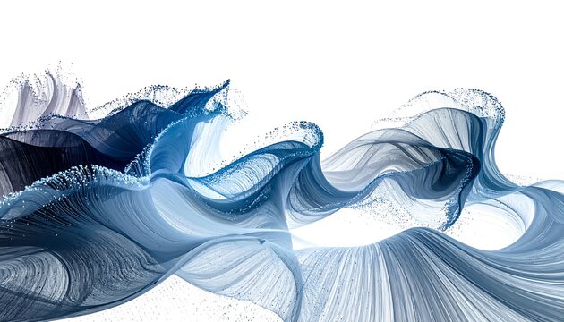 A flowing, abstract composition featuring swirling, ribbon-like forms. Gradients of blue and gray colors against a white background