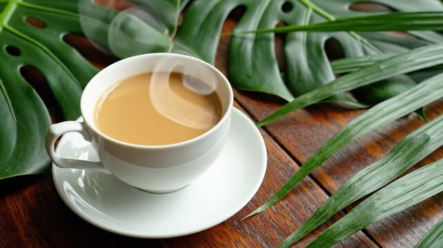 Close-up of a white ceramic mug filled with a hot golden brown liquid, such as tea or coffee, emitting gentle steam against a neutral background, showing detailed texture and light.