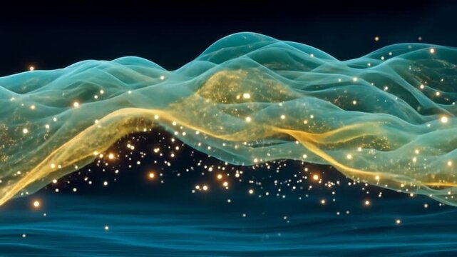 Abstract flowing shapes with glowing particles and a gradient color scheme