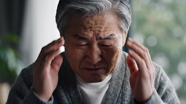 Elderly man with headache or stress.