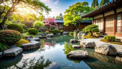 Naklejka premium Tranquil Japanese Garden with Pond and Traditional Architecture at Sunrise.