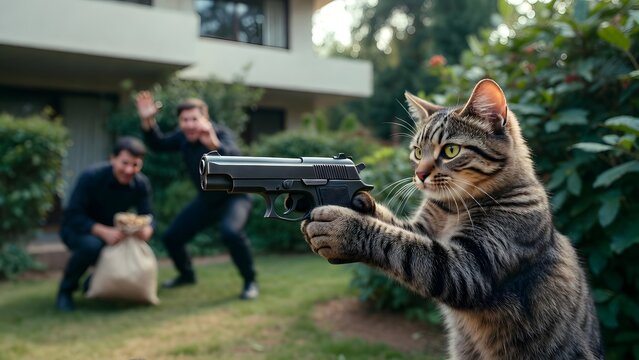 Surreal cat holding handgun while people rob house in background garden