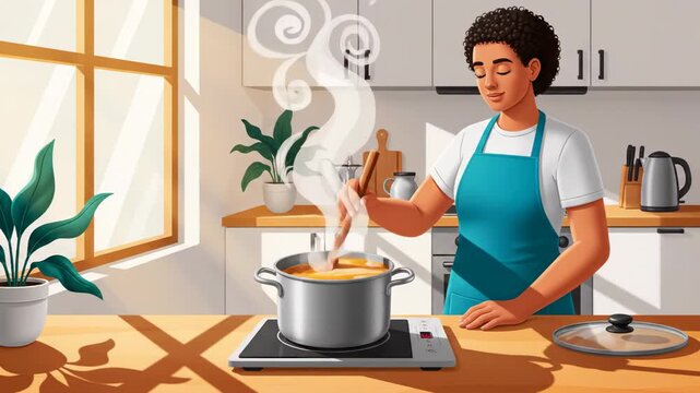 Animated woman cooking meal in kitchen on sunny day stirring pot on induction cooktop and plants