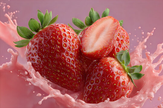 Fresh strawberries splashing with juice on a pink background with leaves