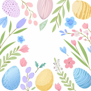 Easter Frame Border with Eggs and Flowers