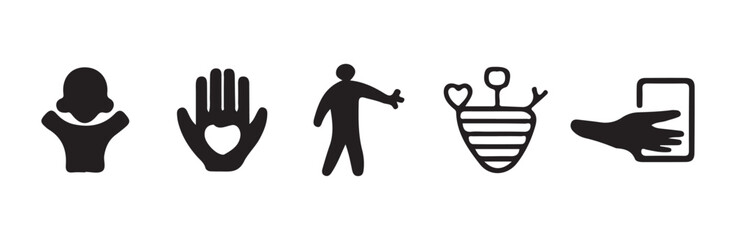 Obraz premium Person with raised arms icon, hand with heart, reaching person, striped object, hand holding phone