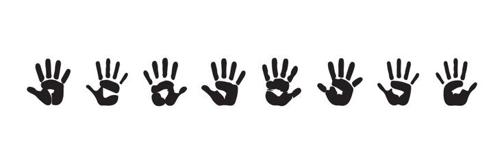 Obraz premium Black handprint icons on white background set. isolated handprints, human hand prints. vector illustration