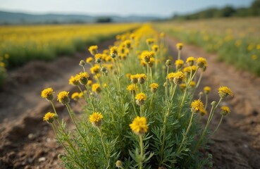 Fototapeta premium Field of yellow flowering weeds, Senecio vulgaris plants growing in rows on agricultural land. Close-up view of wild flora with green leaves and small blooms in nature.
