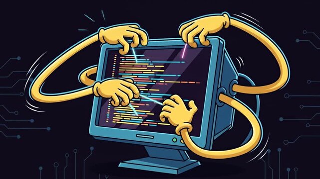 Cartoon hands programming code on computer monitor illustration