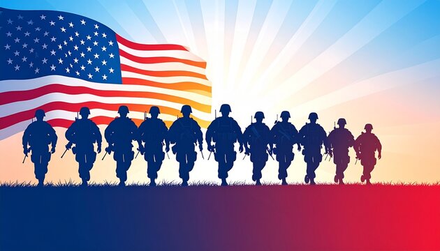Colorful Digital Illustration of US Soldiers Saluting the American Flag at Sunrise for Army Day