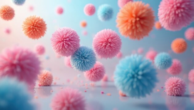 Fluffy pom poms float in air with pastel color gradient background. Small colorful pompons scatter across surface. Soft, cute, vibrant sphere objects create playful atmosphere. Celebration, party,