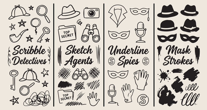 secret agent spy graphics, private investigator detective sketch, mystery thriller theme art, undercover mission equipment doodle, espionage surveillance tools vector, top secret folder icon, noir cri