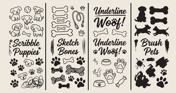 dog lover pet care, veterinary clinic bones sketch, puppy training woof doodle, animal shelter adoption graphic, canine health wellness art, pet shop supplies icons, cute doggy lifestyle vector
