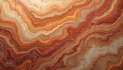 Fototapeta premium Natural wavy marble texture in warm orange and red hues. Stone surface features detailed banding and swirling patterns, suitable for interior design, architecture, or art backgrounds.