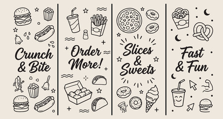 Fast food icons, restaurant menu doodles, snacks and junk food, pizza and burger illustrations, takeout meal graphics, street food sketches, dining out elements  © Geetaroy