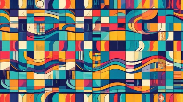 Colorful abstract mosaic with wave-like shapes and a grid layout