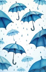 Obraz premium Blue umbrellas float in soft rain. Delicate drops fall against a light background. Gentle, whimsical pattern with varied umbrella sizes and focus.