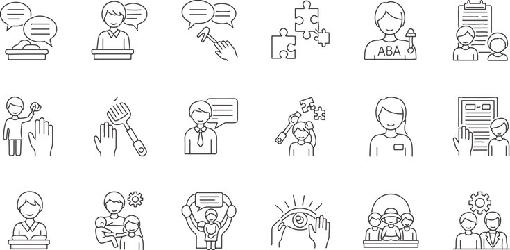 Applied Behavior Analysis icons set, ABA therapy line vector elements, behavioral health and autism support symbols, 18 professional healthcare icons