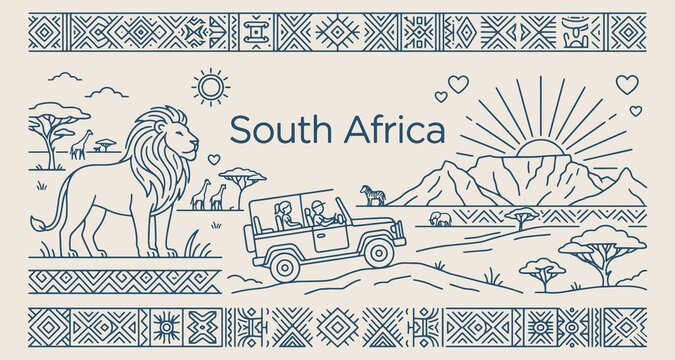 south africa safari travel, wildlife tour jeep illustration, savanna landscape line art, african adventure vacation sketch, tourism destination marketing graphic, wild animal sightseeing doodle, cape 