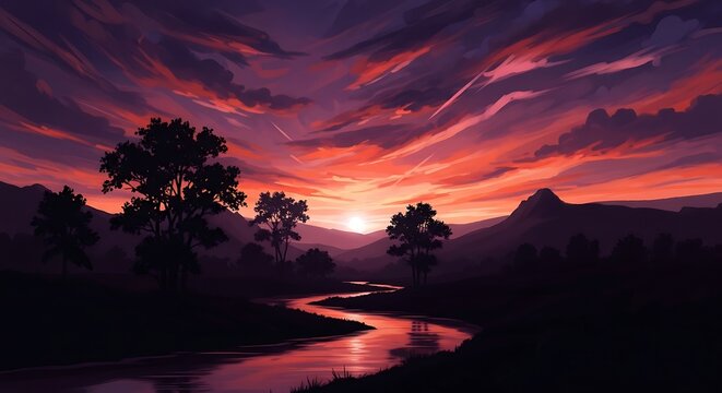 Vibrant sunset over a winding river flowing through a silhouetted mountain landscape with trees