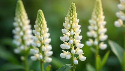 Fototapeta premium White lupine flowers grow tall in green garden beds. Delicate blooms on green stalks show tiny water droplets. Plants have unique shapes and soft petals.