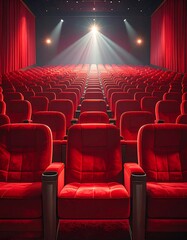 Fototapeta premium Empty theater with red plush seating, spotlight shining center stage