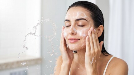 Naklejka premium A woman with wet hair gently cleanses her face with foam, enjoying a refreshing skincare routine with water splashing around her.