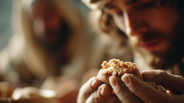 Hands breaking bread in warm light, sharing and biblical last supper concept.