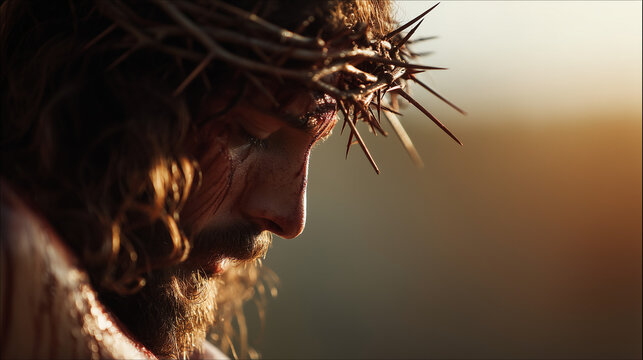 Side profile of Jesus with crown of thorns, suffering and sacrifice concept.
