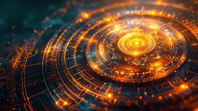 Abstract glowing circles, intricate patterns, in a futuristic, techy design