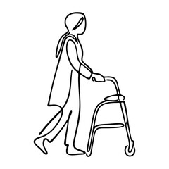 Dibujo sencillo con una única línea de una mujer usando un andador de movilidad para los desplazamientos diarios © teracreonte