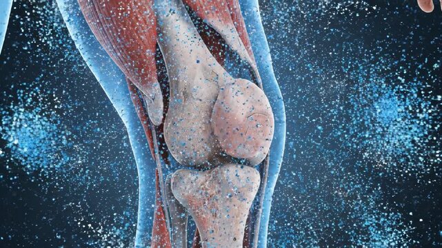 The human knee joint anatomy with surrounding muscles and ligaments exposed in a dark blue environment with particles.