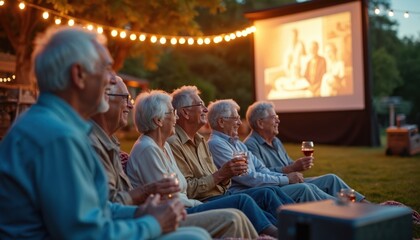 Obraz premium Elderly friends enjoy outdoor movie on grass. String lights glow warm on happy senior group watching film. People laugh, drink wine, relax together at twilight cinema.