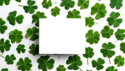 Fototapeta premium A flat-lay photo showcasing green, three-leaf clovers scattered around a blank white rectangle on a clean white background