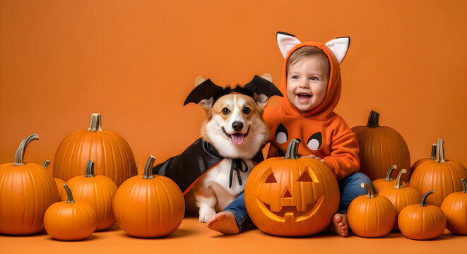 Halloween fun with dog and child in pumpkin patch