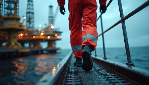 Industrial worker in orange overalls walks on offshore platform walkway over the sea. Focused person works on maritime oil rig. Busy work environment, heavy machinery.