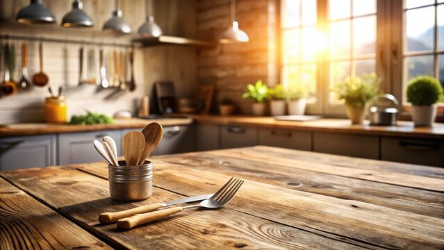 A photo of an old wooden table top on a blurred kitchen counter with utensils placed nearby The wood grain is weathered and the table has slight scra
