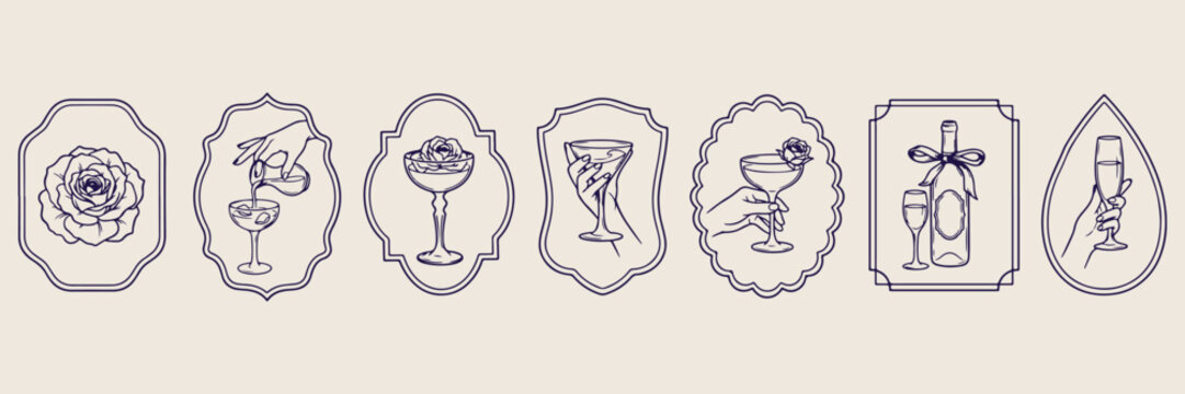 luxury cocktail drink frames set, elegant martini glass line art, bar menu decorative borders, sophisticated nightlife aesthetic graphics, hand drawn beverage branding elements, upscale lounge invitat