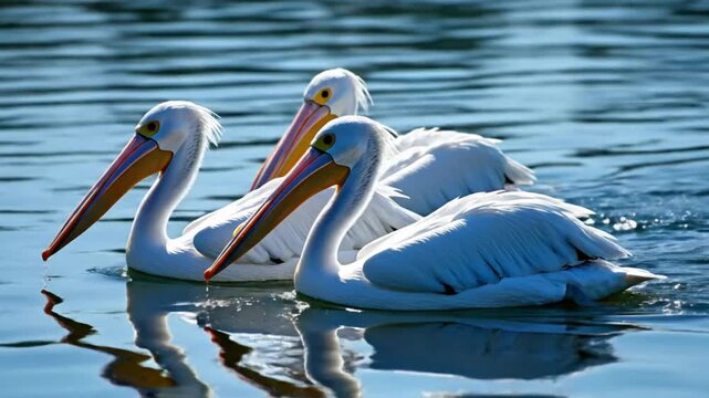 Three white pelicans gracefully swimming on a serene blue lake with their reflections shimmering
