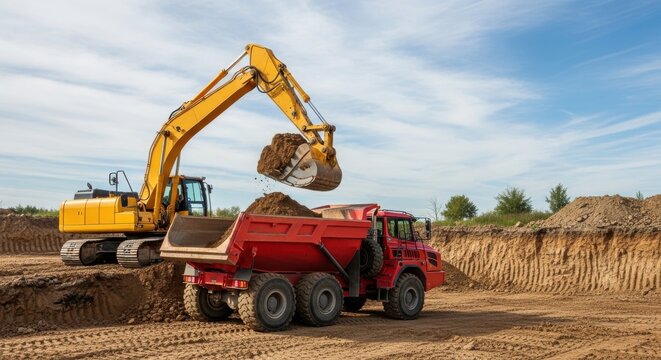 Heavy machinery loading dirt into a dump truck at a construction site