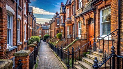 Fototapeta premium A closeup of a narrow Crouch End north London street with terraced houses, brick walls, wrought iron railings, and Victorianera roofs