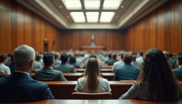 Lawyers and judges attend trial in wood panelled courtroom. Public sits on benches in legal building. Justice system in session during court hearing.