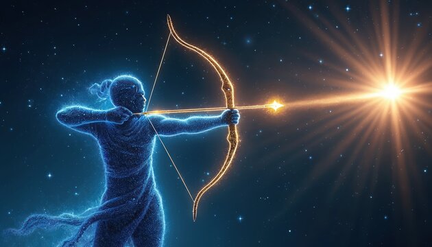 Cosmic archer draws bow aiming at star. Celestial figure shoots arrow through dark space with glowing stars. Fantasy illustration with starlight and nebula.