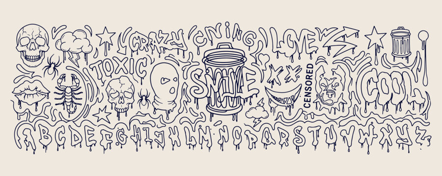 urban street art graffiti doodles, spray paint can line art, underground hip hop aesthetic sketches, rebellious culture vector graphics, hand drawn city lifestyle elements, modern youth subculture cli