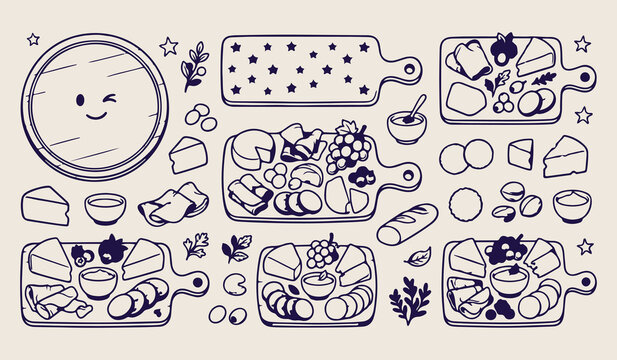 charcuterie board food art, cheese and meat platter, appetizer snack line art, gourmet catering vector sketch, wine and cheese party, restaurant menu illustration, rustic cutting board drawing
