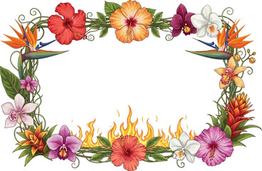 Fototapeta premium A vibrant floral wreath with colorful flowers and leaves on a white background with flames at the bottom