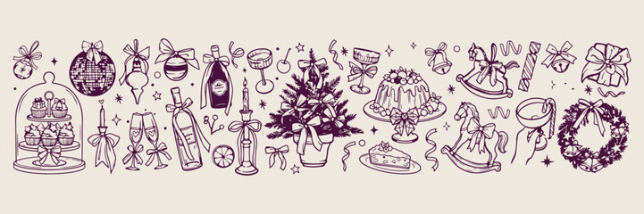 Obraz premium christmas holiday celebration art, festive tree and drinks, party table line art, holiday season vector sketch, family gathering illustration, winter festive branding icons, New Year eve drawing 