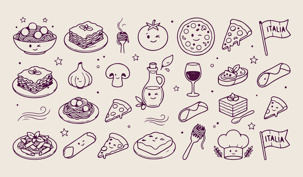 italian kitchen food doodle pattern, pizza and pasta line art, wine and olive oil sketches, mediterranean culinary aesthetic graphics, hand drawn restaurant menu elements, fresh ingredients cooking ve