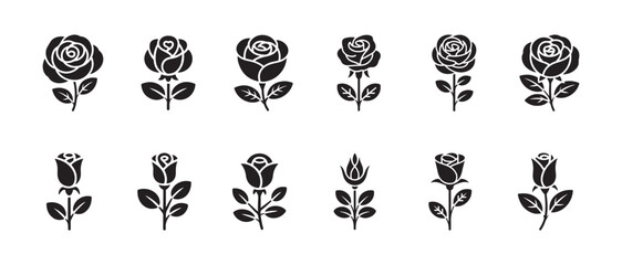 Simple vector set illustrating various isolated rose flower icons perfect for elegant logo design elements © MST