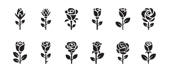 Fototapeta premium Twelve beautiful black silhouette rose flowers in various stages of bloom vector graphic illustration elements